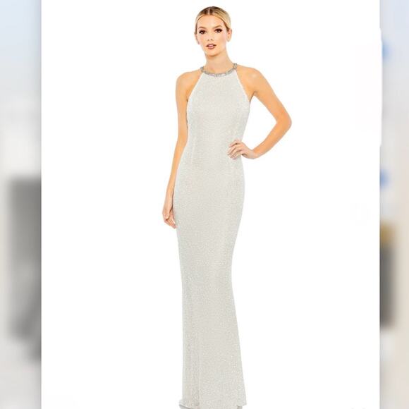 Mac Duggal White Beaded Sleeveless High Neck Column Dress Gown Size 8 C10